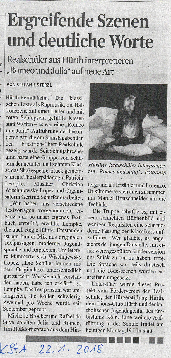 Shakespeare Theaterprojekt Romeo und Julia 2018 an der Friedrich-Ebert-Schule in Hürth